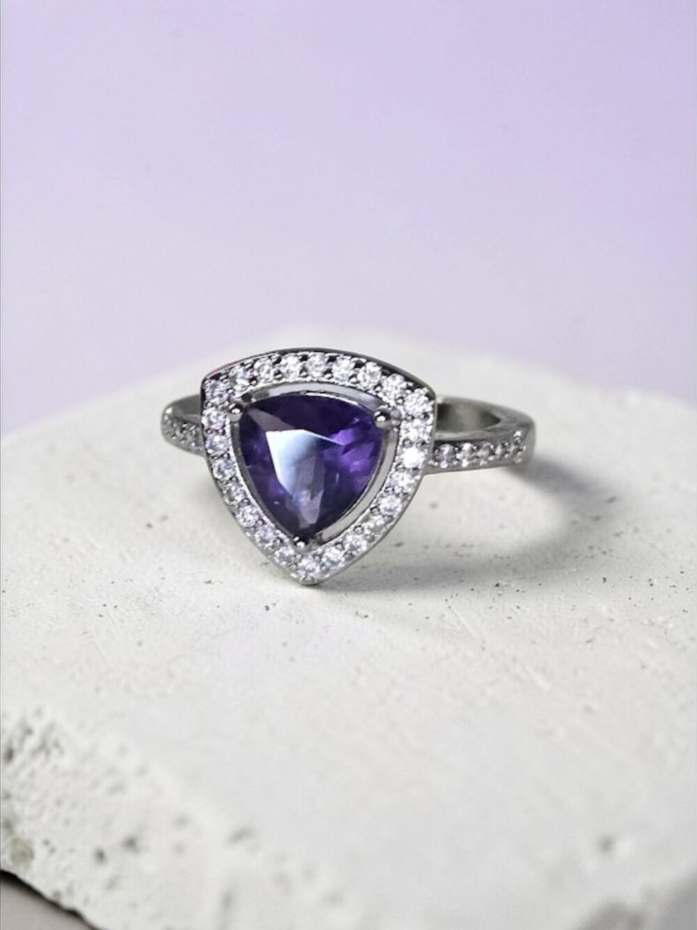 Amethyst CZ Trillion Cut Silver Tone Halo Statement Ring - Size 6.75